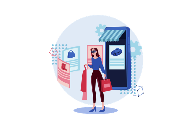Girl doing shopping using VR Tech Illustration