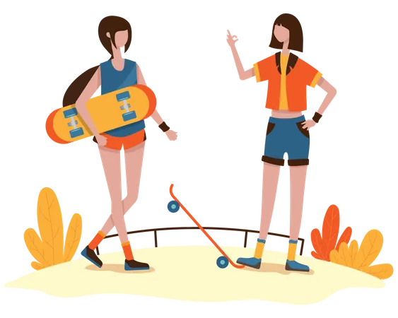 A Young Girl And Her Friends Are Enjoying Skateboarding Which Is Becoming Popular With Teenagers All Over The World Vector Illustration Flat Design Illustration
