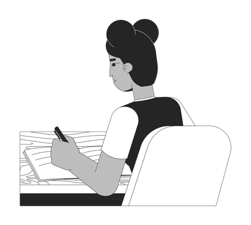 Study Girl African American Black And White 2 D Line Cartoon Character Studying Student Female Isolated Vector Outline Person Young Woman Notebook Writing Desk Monochromatic Flat Spot Illustration Illustration