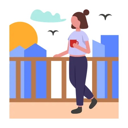 Girl doing Sunrise Viewing From Balcony  Illustration