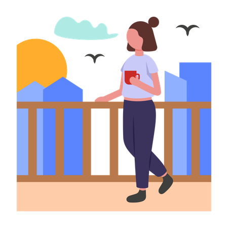 Girl doing Sunrise Viewing From Balcony  Illustration