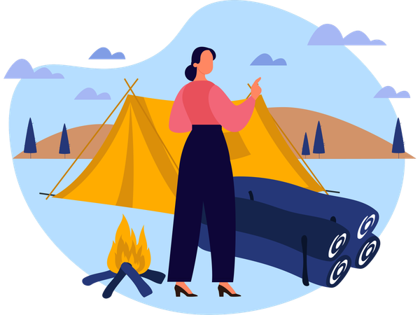 Girl doing tent setup work at Exotic beach  Illustration