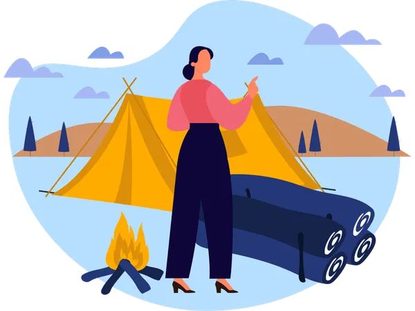Girl doing tent setup work at Exotic beach  Illustration
