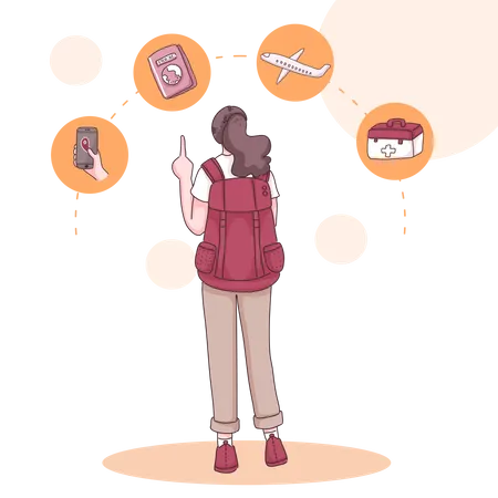 Back View Of Backpack Traveler Teenage Female Standing With Items To Preparing For Travel In Cartoon Character Flat Vector Illustration 일러스트레이션