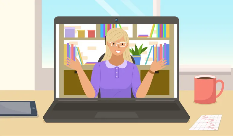 Smiling Woman Having Video Call At The Laptop Girl Is Chatting Online Working From Home Female Character In Glasses Waving Hands Up Shelf With Books In The Background Vector Illustration Illustration