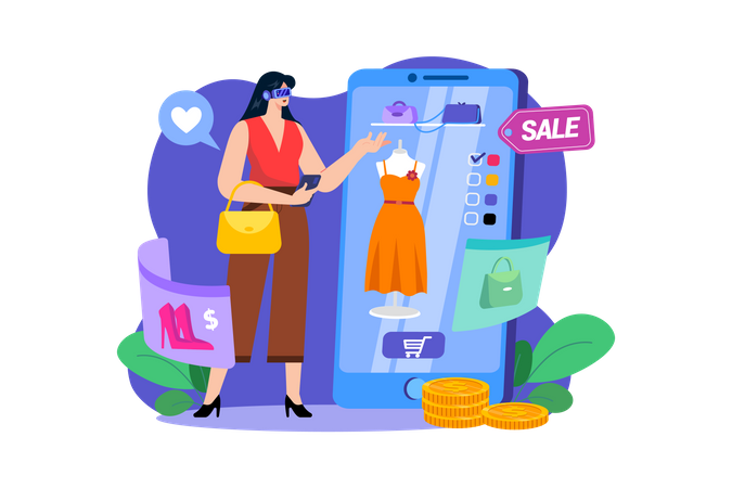 Girl doing Virtual Shopping Illustration