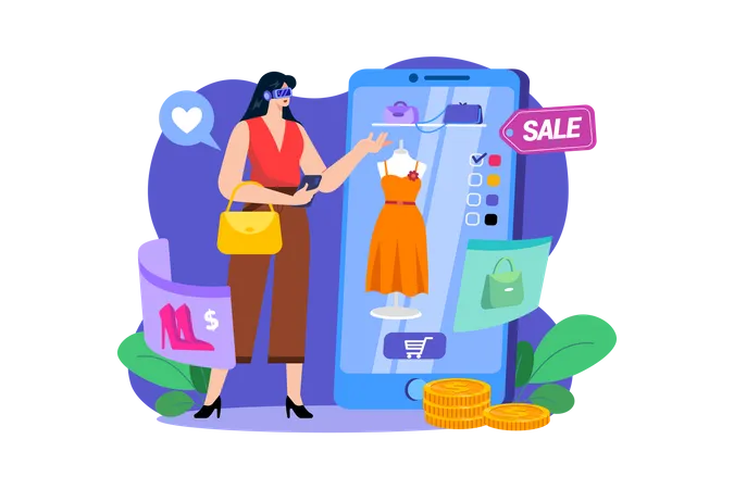 Girl doing Virtual Shopping Illustration