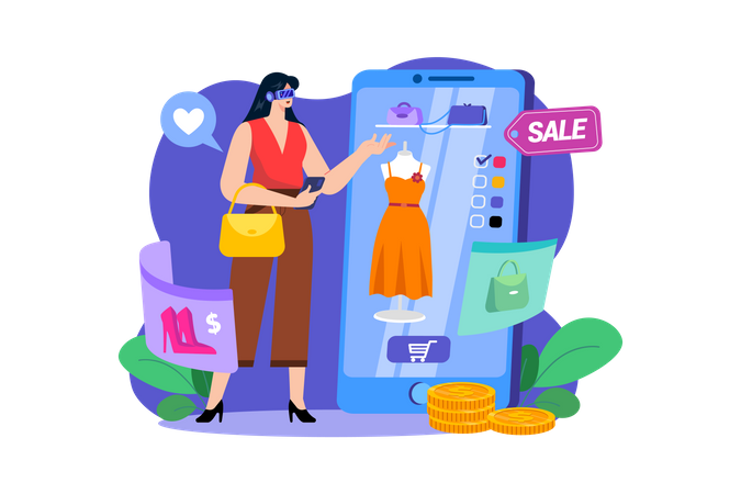 Girl doing Virtual Shopping  Illustration