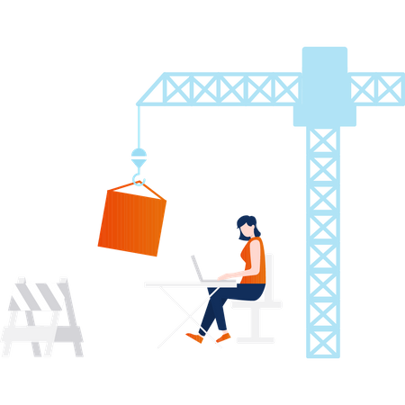 Girl doing work on laptop under construction land  Illustration