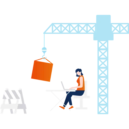 Girl doing work on laptop under construction land  Illustration