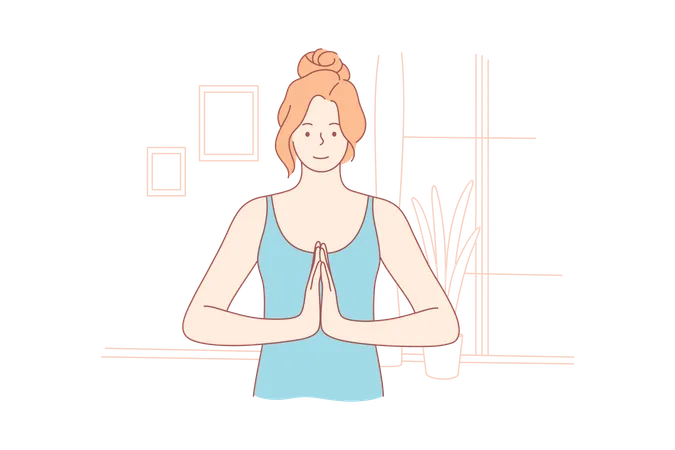 Sport Yoga Recreation Coronavirus Quarantine Concept Namaste Or Let Peace Be With You Young Happy Smiling Woman Girl Holding Hands Together In Pray Meditating Practicing Asanas At Home Lockdown Illustration