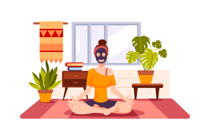 Girl doing yoga and meditation in the home Illustration