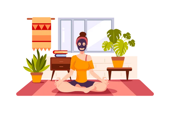 The Girl Is Wearing A Face Mask And Taking Yoga For Good Health Illustration