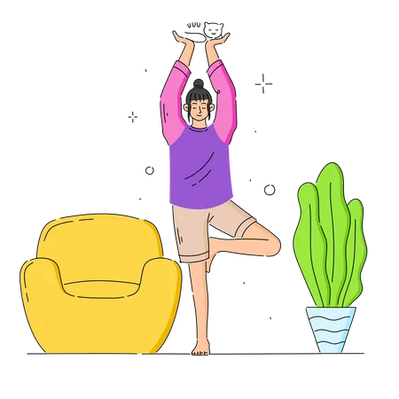 Girl doing yoga at home holding Cat  Illustration