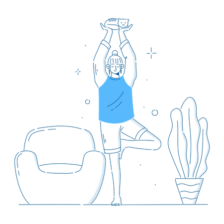 Girl doing yoga at home holding Cat  Illustration