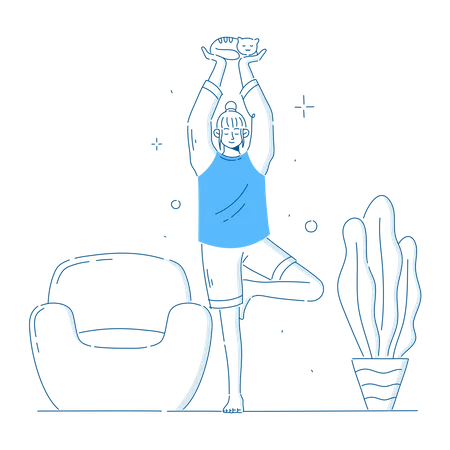 Girl doing yoga at home holding Cat  Illustration