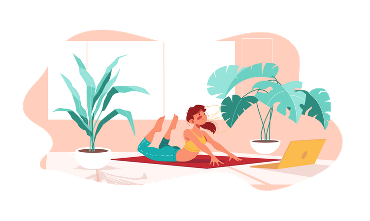 Girl doing yoga pose in front of laptop  Illustration