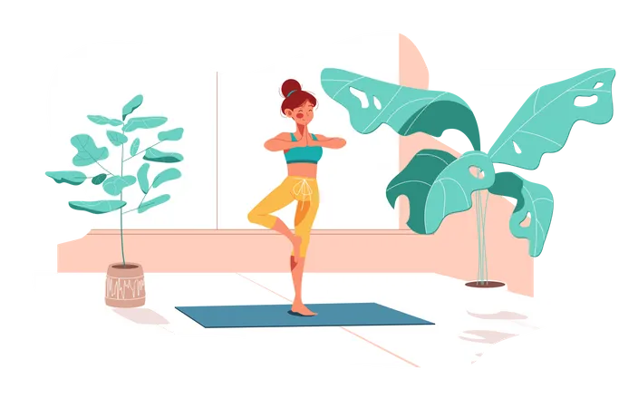 Girl doing Yoga pose standing on one leg Illustration
