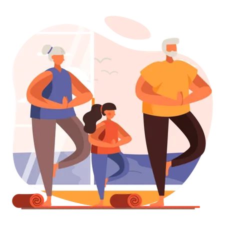 Girl doing yoga with grandparents  Illustration