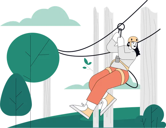 Girl doing zip line in adventure park  Illustration