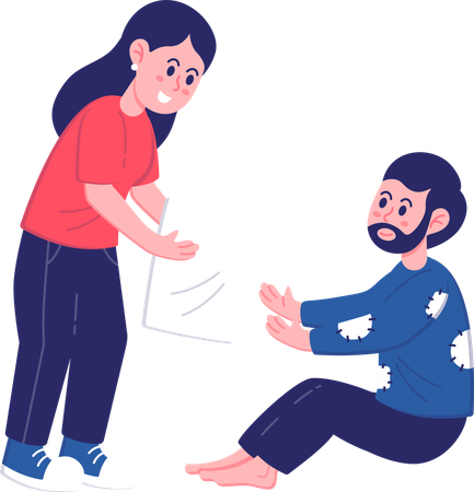 Girl donating clothes to poor boy  Illustration