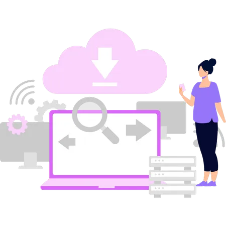 Girl downloading cloud data  Illustration