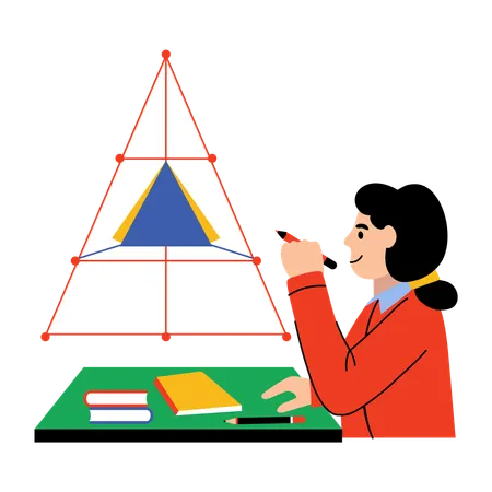 Girl drawing pyramid in math class  Illustration