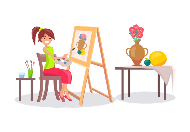 Girl Drawing Still Life Picture of Vase and Fruits with brushes holding palette in hands  Illustration