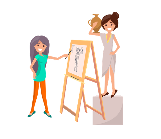 Girl drawing still life picture of woman with vase on easel by painting  Illustration