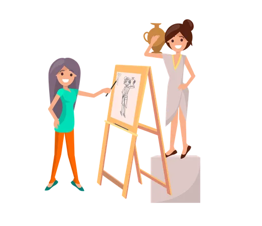 Girl drawing still life picture of woman with vase on easel by painting  Illustration