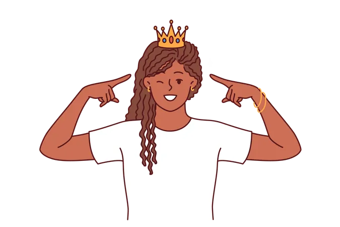 Woman Princess In Golden Crown Winks And Smiles Proud Of Diadem Won In Competition African American Young Girl With Crown Symbolizing Monarchical Status And Superiority Over Others Illustration