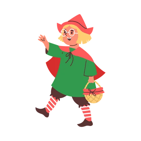 Girl dressed as Little Red riding hood with basket  Illustration