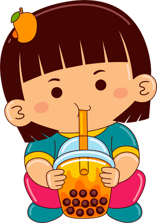 Girl drinking bubble mango tea  Illustration