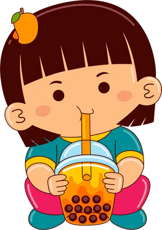 Girl drinking bubble mango tea  Illustration