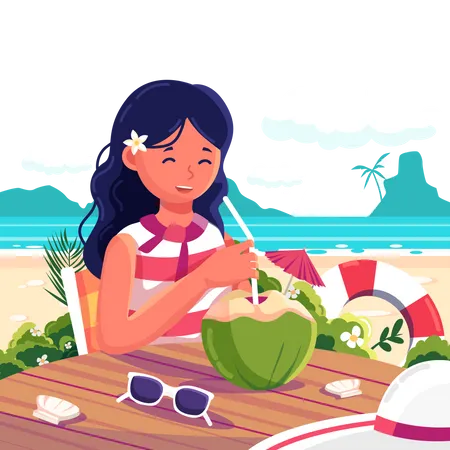 Hello Summer Scene A Woman Sits And Eats Coconut Water At A Table Under The Shade Of The Sun Overlooking The Sea Behind Her On The Table Placed Sunglasses Seashells And A Wide Brimmed Hat Illustration