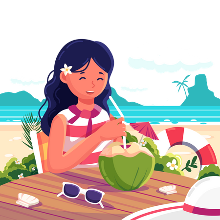 Girl drinking coconut water  Illustration