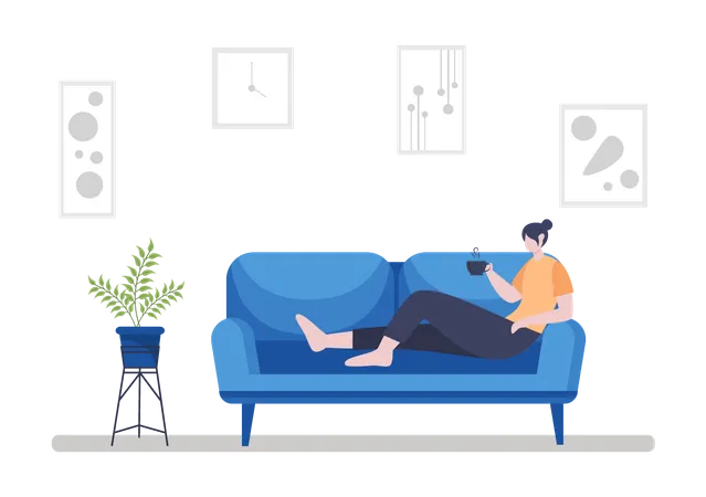 Relax At Home Vector Flat Illustration With People Sitting On The Sofa Listening To Music Playing Smartphone Or Computer Drinking Tea Yoga Reading A Book And Sleeping Illustration