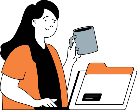 Girl drinking coffee and working on laptop  イラスト