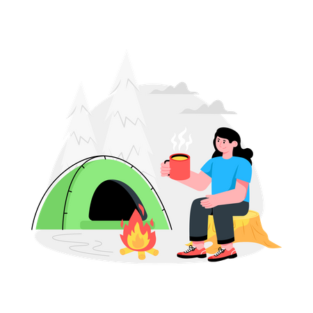 Girl Drinking Coffee At Camping Site  Illustration