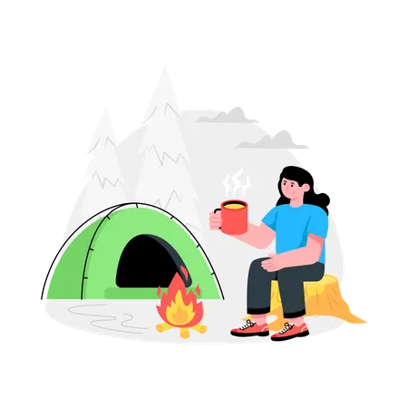 Girl Drinking Coffee At Camping Site  Illustration