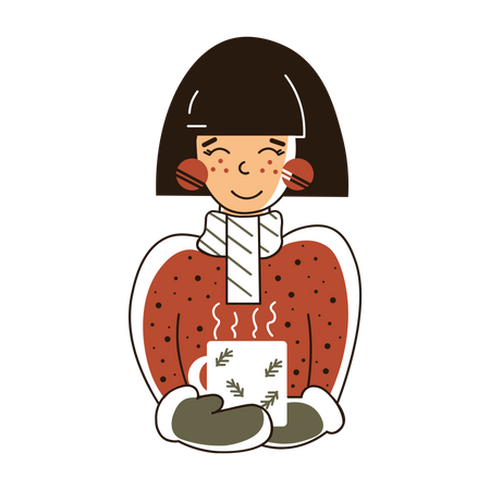 Girl drinking Coffee at Christmas night Illustration