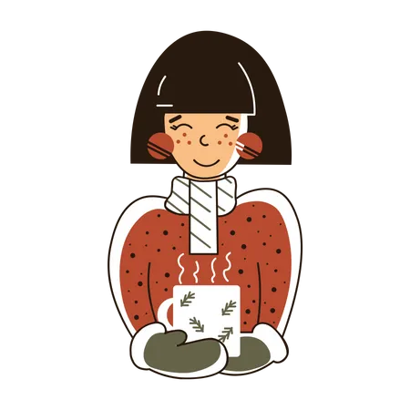 Girl drinking Coffee at Christmas night  Illustration