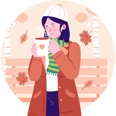 Girl drinking coffee in autumn season  Illustration