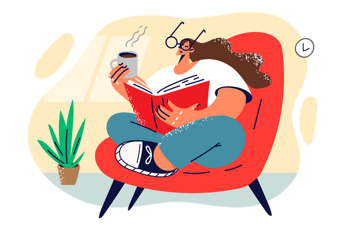 Girl drinking coffee while reading book  Illustration