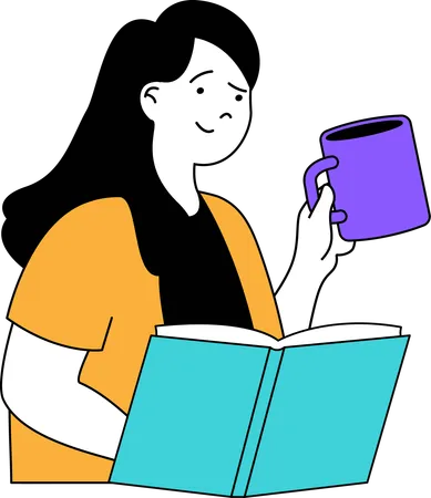 Girl drinking coffee while reading book  Illustration