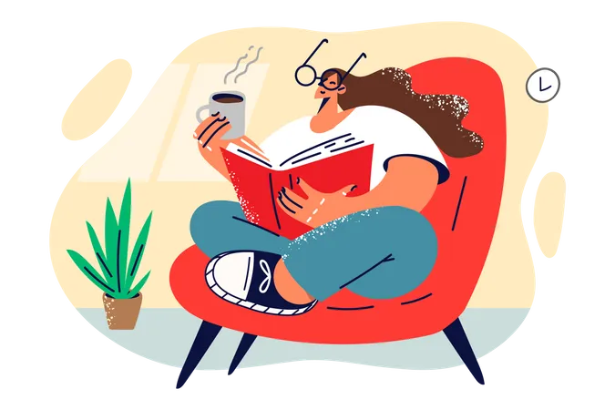 Girl drinking coffee while reading book  Illustration