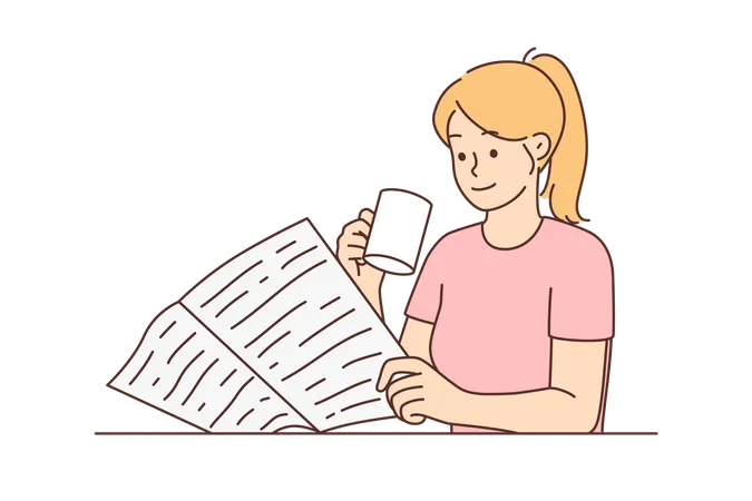 Girl drinking coffee while reading newspaper Illustration