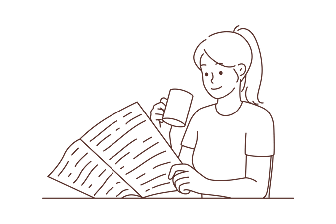 Girl drinking coffee while reading newspaper Illustration