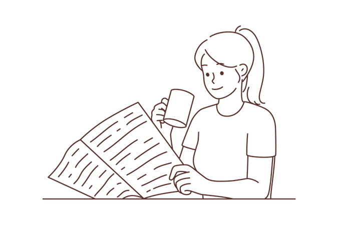 Girl drinking coffee while reading newspaper  Illustration