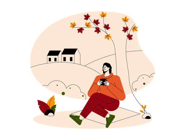 Girl drinking coffee while sitting in park  Illustration